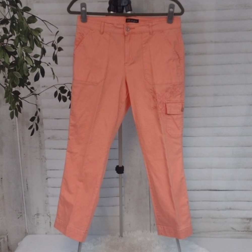 Lee Straight Fit Cropped Embroidered Floral Peach Cargo Pants, Size 8